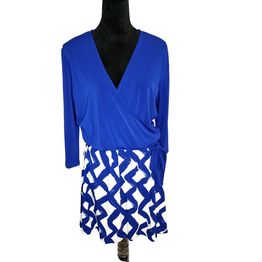 New w/tag LEOTA Size XXL Blue Mod Zig Zag Faux Wrap Dress USA Jersey Stretch